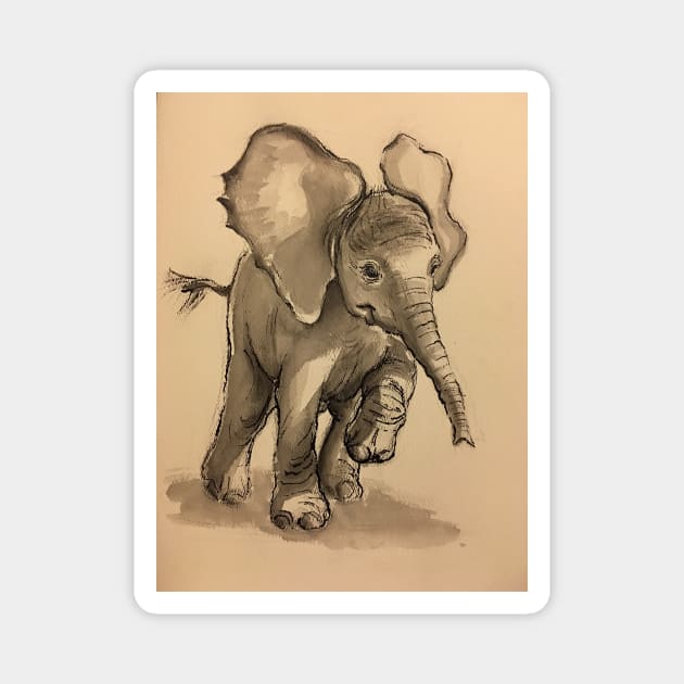 Baby Elephant at Play - Ink wash & crow quill pen painting Magnet by tranquilwaters