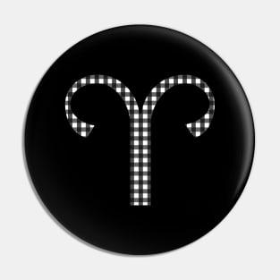 Aries Zodiac Horoscope Symbol in Black and White Gingham Pattern Pin