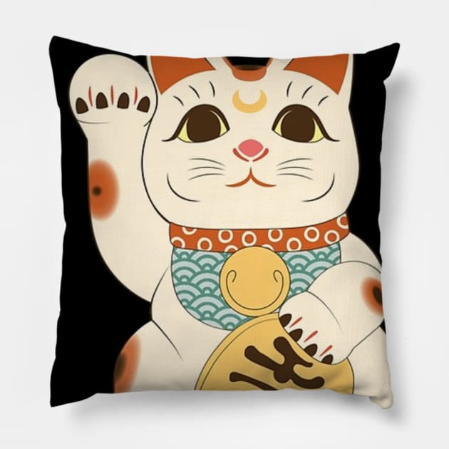 Lucky Moon Cat Maneki Neko Pillow by CrystalClods