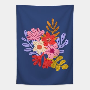 Wild maximalist colorful flowers in blue Tapestry