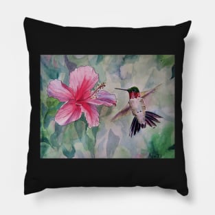 Pen and Ink Ruby Throated Hummingbird and Hibiscus Pillow