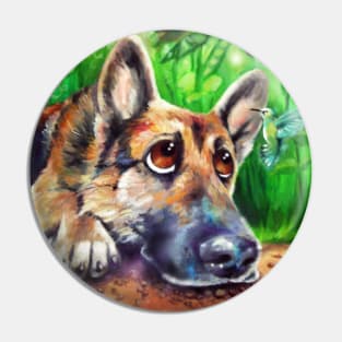 Dog and Hummingbird Pin