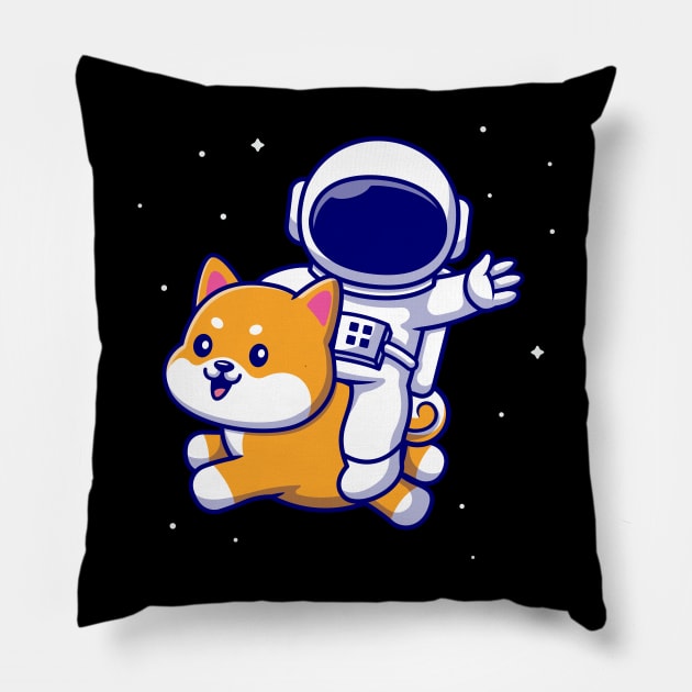 Cute Astronaut Flying With Shiba Inu Dog In Space Cartoon Pillow by Catalyst Labs