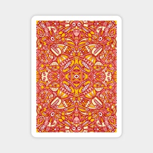 Red and yellow pattern design full of weird fantastic creatures Magnet