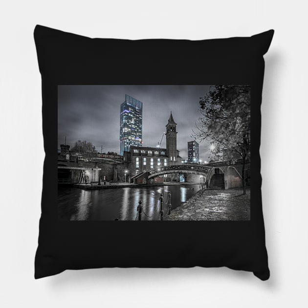 Manchester at Night with Beetham Tower and Castlefield Canal Pillow by TonyNorth