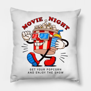 Movie night. Popcorn cartoon mascot will watch the movie Pillow