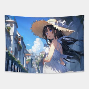 Waifu Anime Girl on Summer Vacation - Anime Wallpaper Tapestry