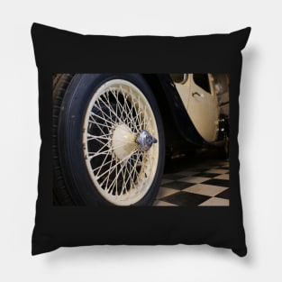 Old spoke wheel of vintage car in cream colour Pillow