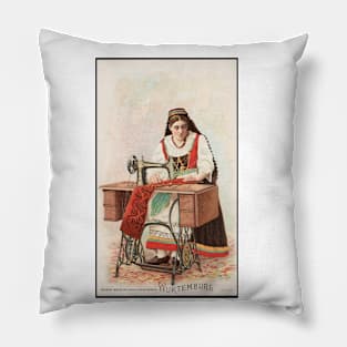 Vintage sewing machine advertisement with woman Pillow