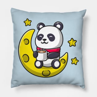 Cute Panda Drink Coffee On Moon Cartoon Pillow