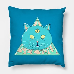 Three-eyed cat with the words "I see you" written on it. Pillow