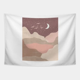 Boho Neutral Pastel Landscape Moon Stars Design Tapestry