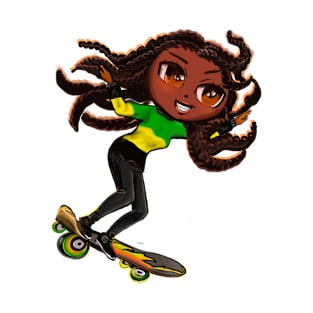 Jamaican jumper women skateboarding girl manga anime girl Jamaican girl on skateboard wearing jumper with colours of Jamaican flag black green and yellow women T-Shirt