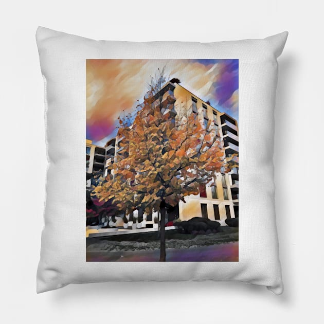 Lone tree in front of a building Pillow by Dturner29