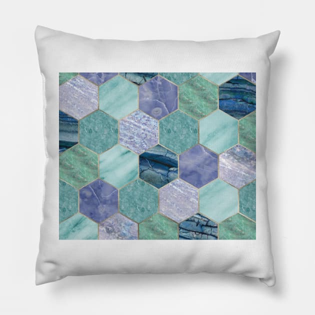 Gold trimmed seafoam hexagons Pillow by marbleco
