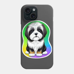 A Cute Havanese Puppy Dog with Black & White Markings and a Brown Trim with a Rainbow Color Background Phone Case