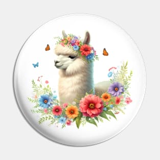 An alpaca decorated with beautiful colorful flowers. Pin