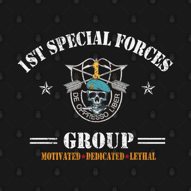 US Army 1st Special Forces Group Motivated Dedicated Lethal De Oppresso Liber SFG - Gift for Veterans Day 4th of July or Patriotic Memorial Day by Oscar N Sims