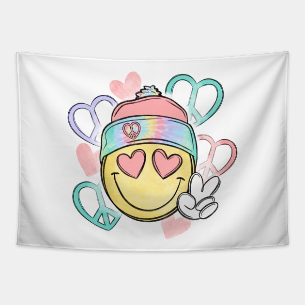 Smiley Face Hearts Peace Love Happiness Hippie Tapestry by Funny Stuff Club