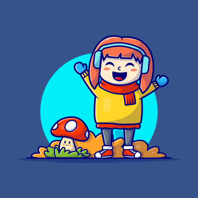 Disover Happy Cute Girl with Cute Mushroom Autumn Cartoon Vector Icon Illustration - Kid - T-Shirt