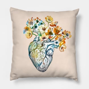 Human heart, watercolor wild flowers, floral, plant lovers, Heart, anatomical heart Pillow