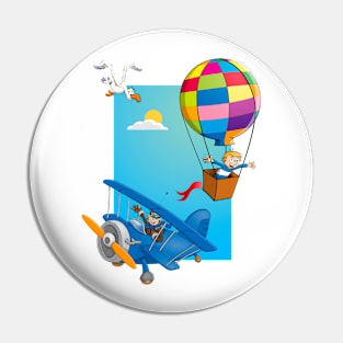 Drawing of a boy in a hot air balloon and a happy pilot in a blue airplane Pin