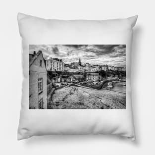 Tenby North Beach Black And White Pillow