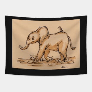 Friends:  Baby Elephant & Friend Watercolor Painting #16 Tapestry