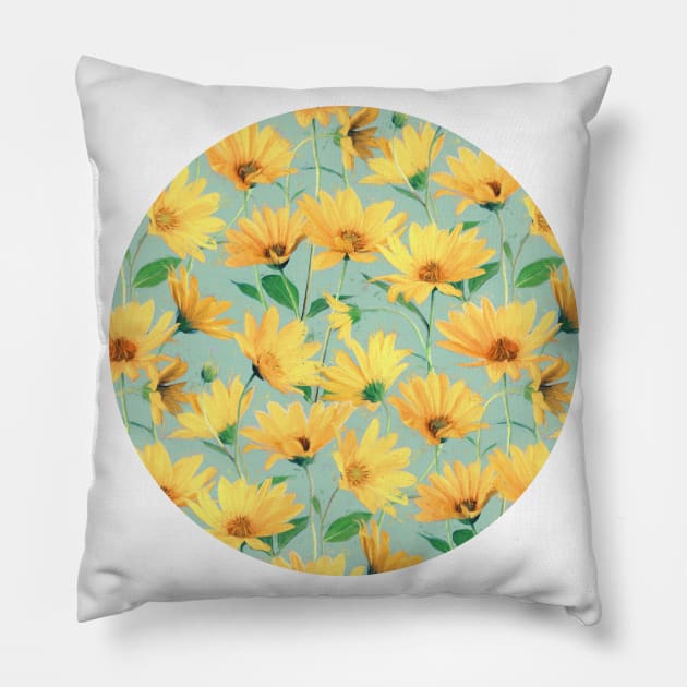 Painted Golden Yellow Daisies on soft sage green Pillow by micklyn