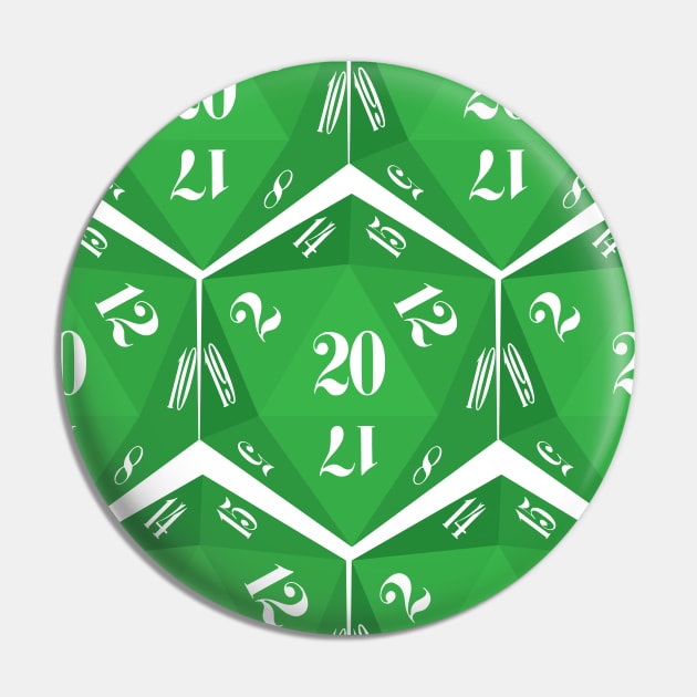 Green 20-Sided Dice Design Pin by GorsskyVlogs