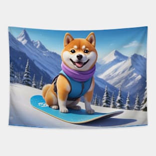 Hero Snowboarding Shiba Inu Dog Tapestry