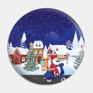 Santa rides scooter in night town Pin