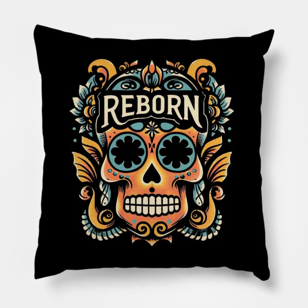 Sugar Skull Old School Tattoo Art 'Reborn' Pillow by SOS@ddicted