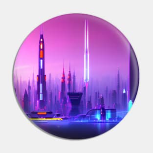 Ai Generated Art Scenery - Futuristic City Skyline With Neon Illuminated Buildings Pin