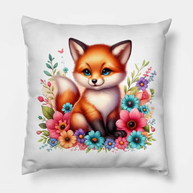 A red fox decorated with beautiful colorful flowers. Pillow by CreativeSparkzz