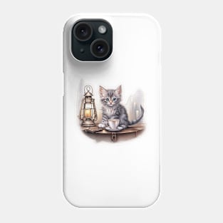 kitten with a lantern and cup of tea Phone Case