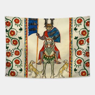 KNIGHT OF FISHES HORSEBACK, MEDIEVAL MINIATURE WITH WILD ROSES Tapestry