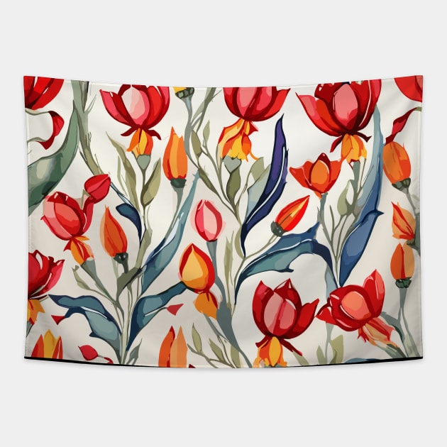 Red Orange Turkish Tulips Ottoman Pattern Tapestry by Siha Arts