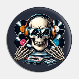 Skull head with headphones and sunglasses in a retro style. Pin