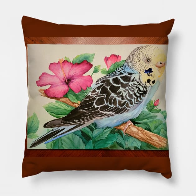 Blue and Yellow Budgie with Hibiscus Pillow by ChaneyAtelier