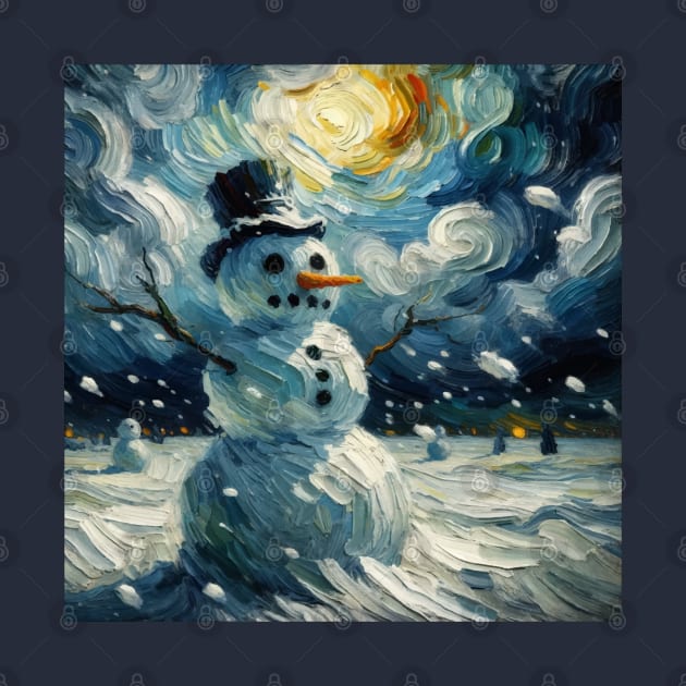 Snowman in a Starry Night Vista - Van Gogh-Inspired Winter Art by Edd Paint Something