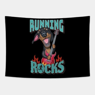 Cute Doxie Dachshund Dog with guitar on Running Rocks tee Tapestry