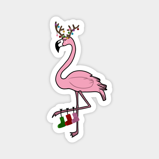 Flamingo Christmas, Deer Antlers, Festive Gift Magnet by logiamerch