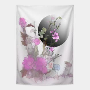 watercolor and sumiE ink flowers with a dark moon Tapestry