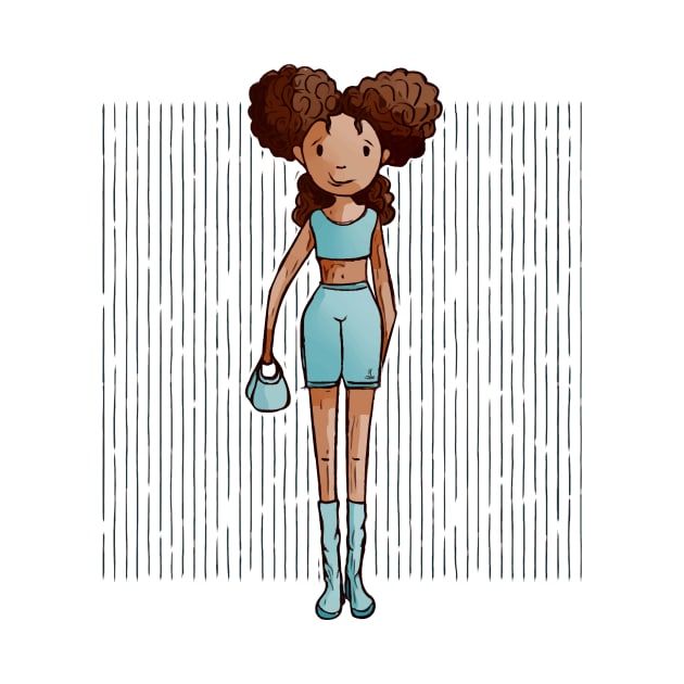 Cute dark skinned girl with a blue outfit and holding a purse in her hand by Sissely