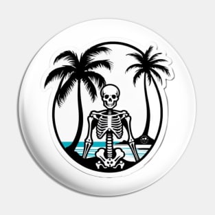 skeleton, beach, surf, palm tree and waves. Pin