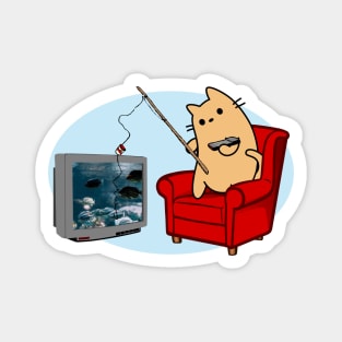 Feline TV Fishing Adventure - Cartoon Cat Magnet