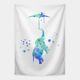 Blue Baby Elephant With Umbrella Watercolor Painting Tapestry