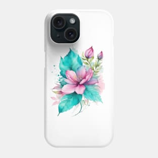 watercolor pink teal flower and leaf Phone Case