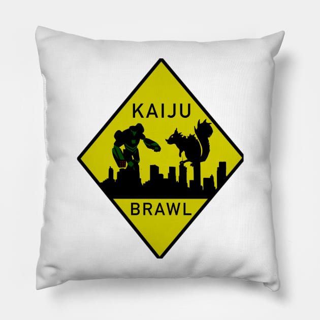 Kaiju Brawl Warning Sign Pillow by Kangavark